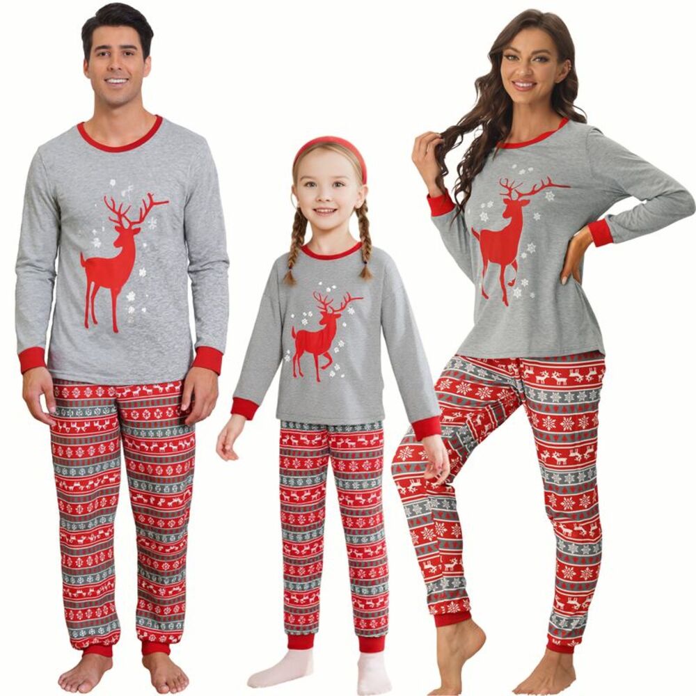 Men's Christmas Elk Print Long Sleeve Tee with Pants Pajama Sets Red